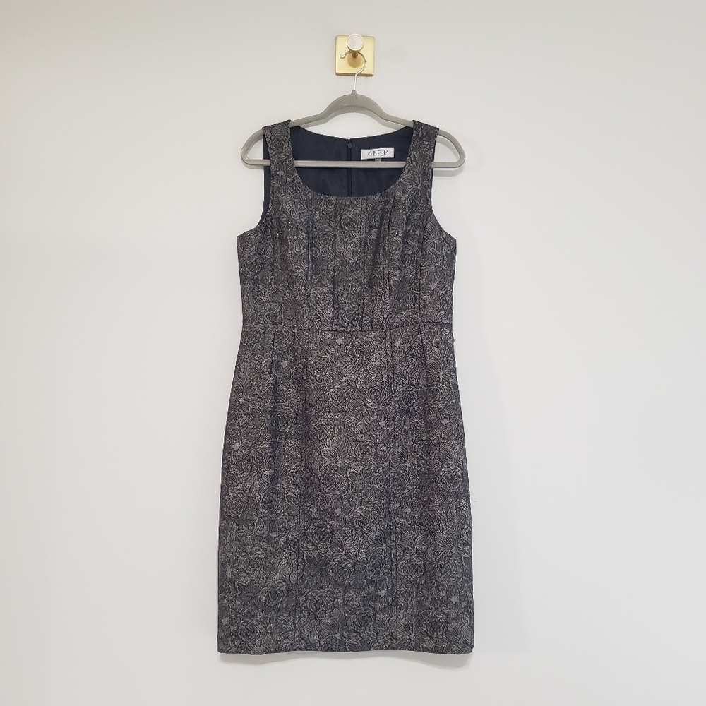 Kasper Floral Sleeveless Midi Sheath Dress 10 Black SIlver Gold Textured Office